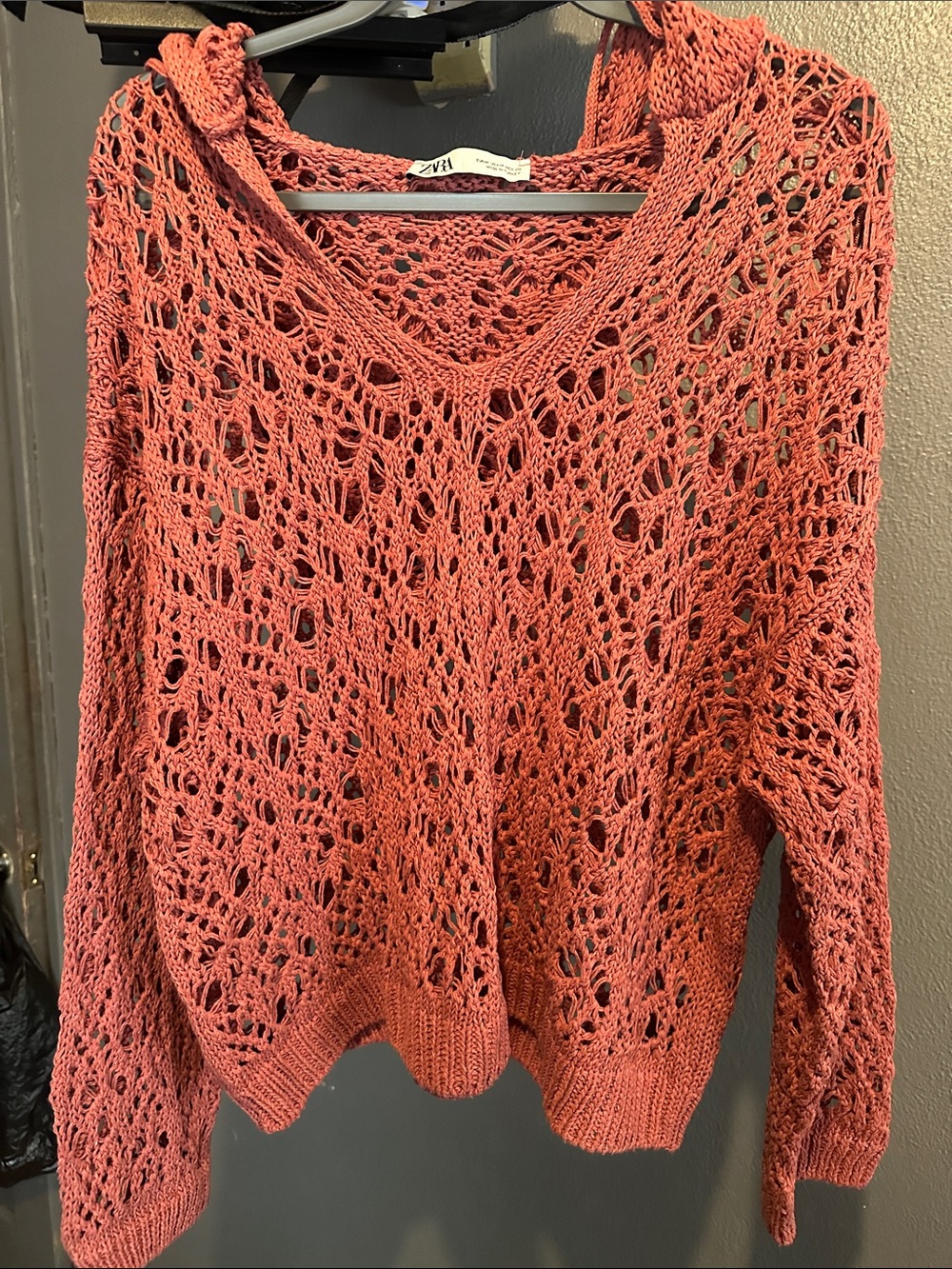 Zara Coral Crochet V-Neck Open-Knit Sweater
